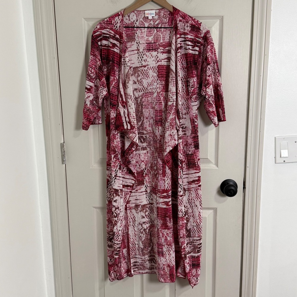 LuLaRoe Joy Duster Vest Women S Red White Abstract Pleated Longline Open Front